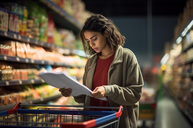 een vrouw is aan het winkelen in een supermarkt met een lijst met producten