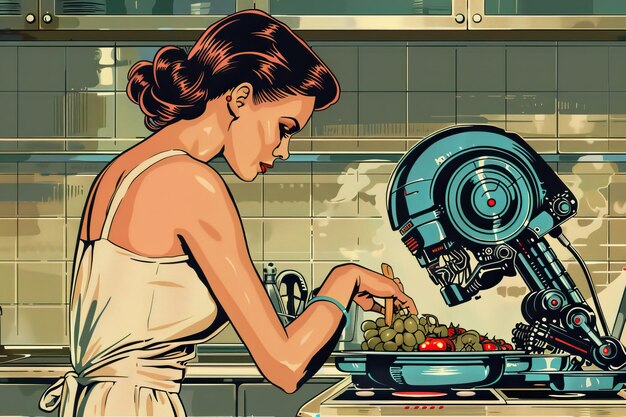 Een vrouw is bezig met koken met behulp van een speciale huishoudelijke robot