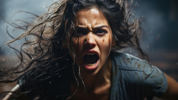 Een vrouw is boos en schreeuwt realistische fotoachtergrond