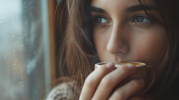 een vrouw is een kop thee aan het eten