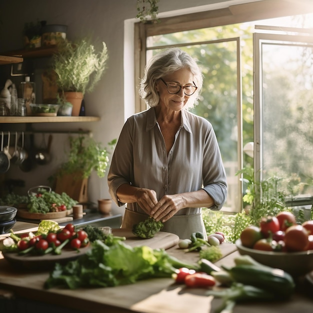 Een vrouw is groenten aan het snijden in een keuken met een groot raam achter haar.