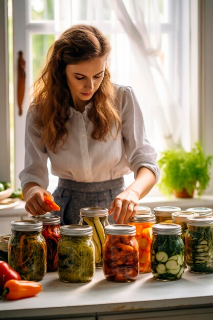 Een vrouw is het conserven van groenten in de keuken Generatieve AI Food