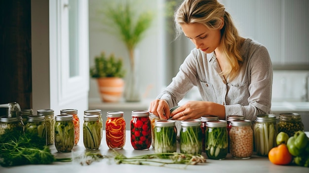 Een vrouw is het conserven van groenten in de keuken Generatieve AI Food