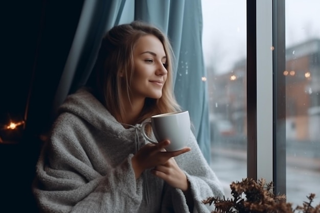 Een vrouw is in een deken gewikkeld en kijkt uit het raam en houdt een kop koffie vast.