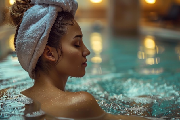 Een vrouw is in een zwembad met een witte handdoek en ziet er ontspannen uit
