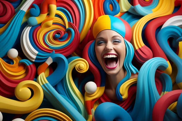 Foto een vrouw is omringd door kleurrijke wervelingen