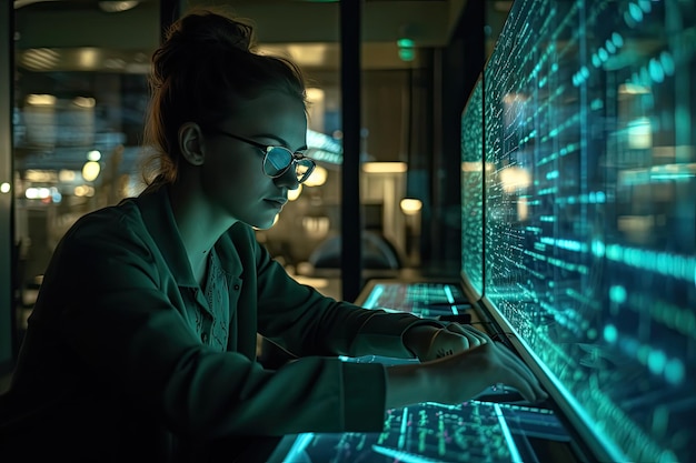 Een vrouw kijkt naar een computerscherm met binaire code Generatieve Ai