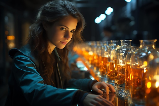 Een vrouw kijkt naar een glas met veel verschillende soorten vloeistof erin.