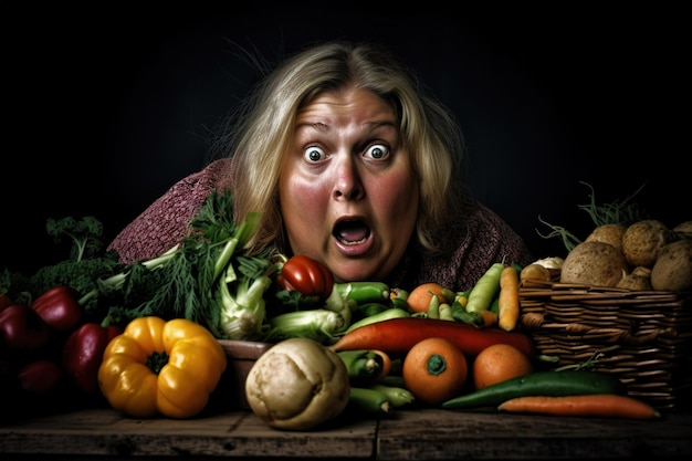 Een vrouw kijkt naar een tafel vol groenten en een mand met groenten