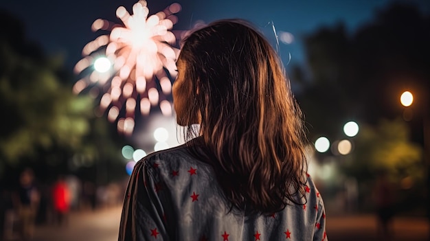 Een vrouw kijkt naar vuurwerk in een park