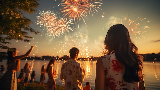 een vrouw kijkt naar vuurwerk terwijl een man ernaar kijkt