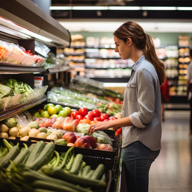 Een vrouw koopt verse groenten in een supermarkt