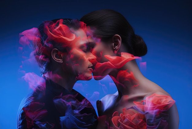 een vrouw kust de vrouw die bloemen vasthoudt voor een paarse achtergrond