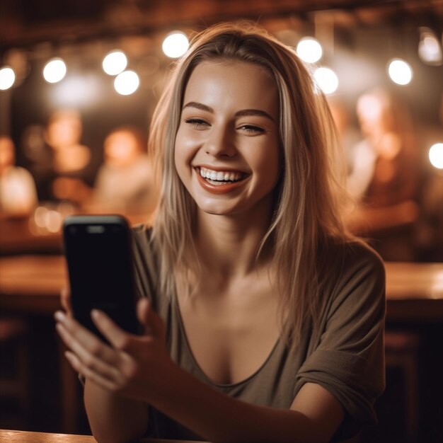 een vrouw lacht en houdt een telefoon vast met een glimlach op haar gezicht