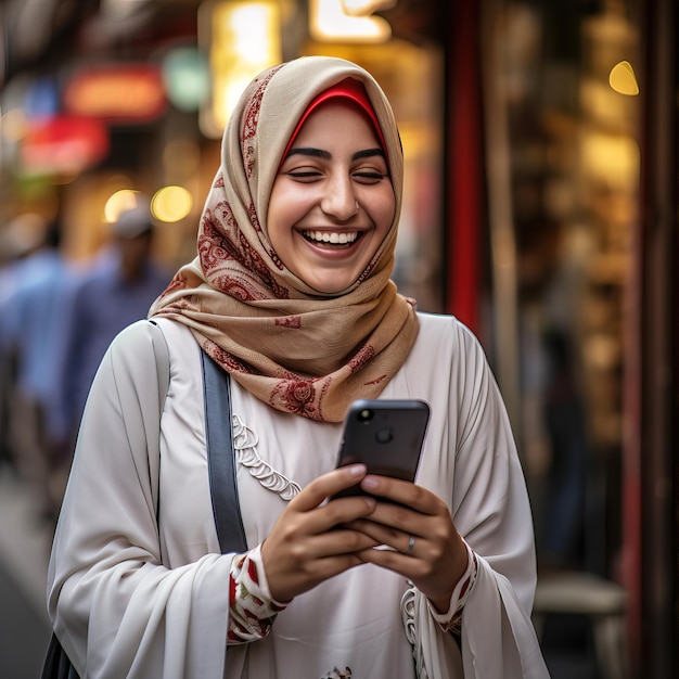 een vrouw lacht en kijkt naar een telefoon