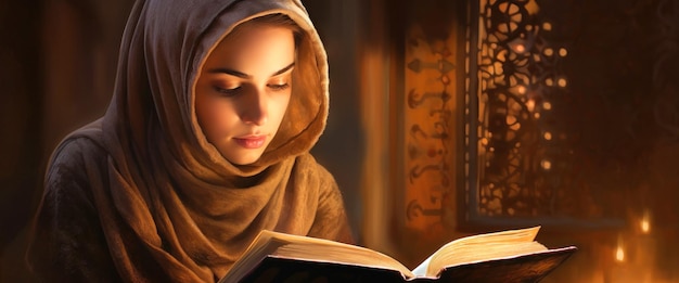 Foto een vrouw leest de koran en eert halakha. ware geloofsgebed tot de ware god