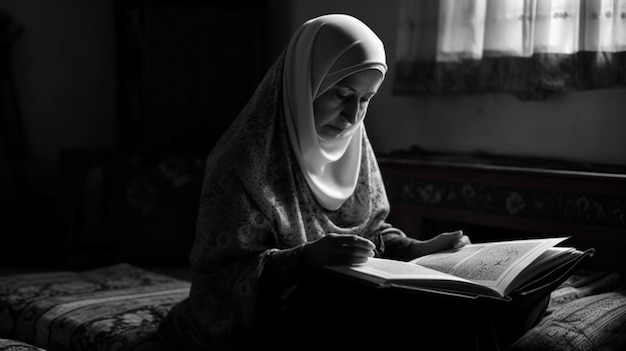 Een vrouw leest een boek in een donkere kamer.