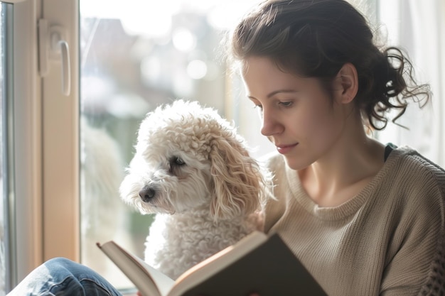 Een vrouw leest een boek terwijl ze een witte hond vasthoudt