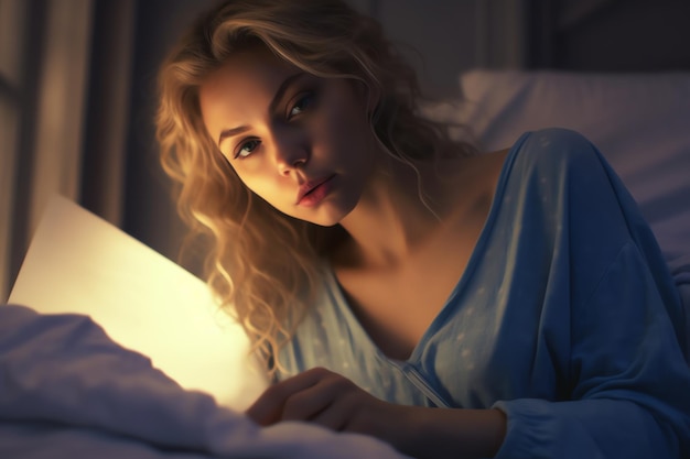 Een vrouw ligt in bed met een lamp erop.