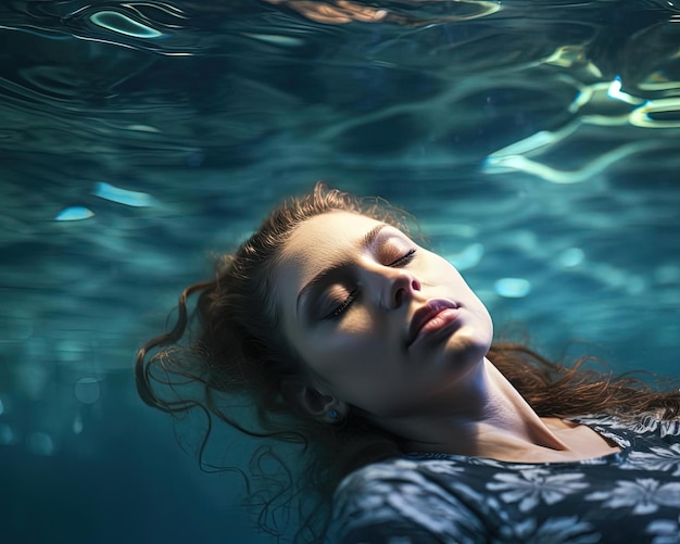 Foto een vrouw ligt in het water met haar ogen gesloten.