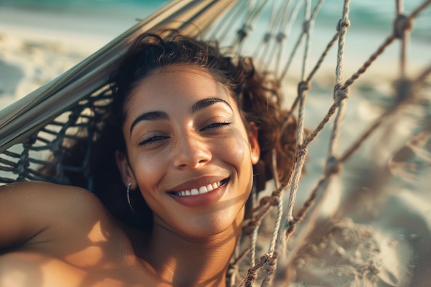 Een vrouw ligt op het strand met een hangmat over haar hoofd.