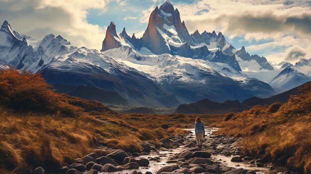 Een vrouw loopt door een berglandschap met bergen op de achtergrond.