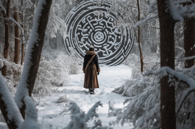Een vrouw loopt door een besneeuwd bos met aan de linkerkant een doolhof.