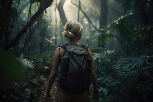 Foto een vrouw loopt door een jungle met een rugzak op de voorgrond.