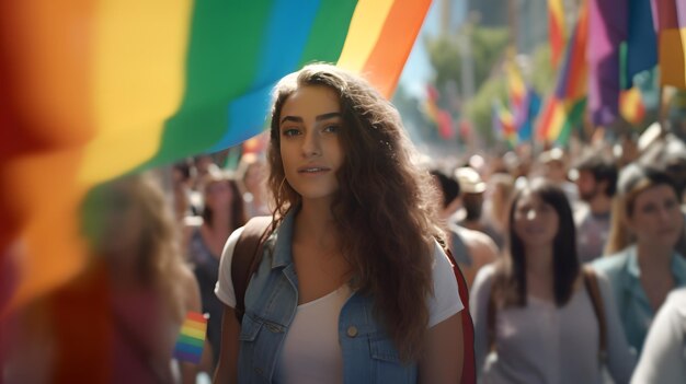 Foto een vrouw loopt door een menigte mensen met regenboogvlaggen.