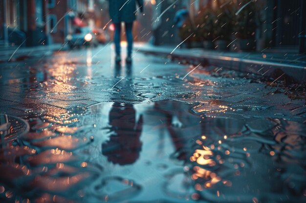 Een vrouw loopt door een natte straat in de regen.