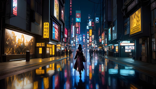 Een vrouw loopt door een straat in een donkere stad met een bord waarop 'shibuya' staat