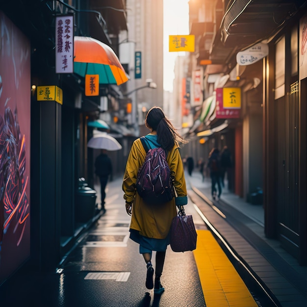 Een vrouw loopt door een straat met een rugzak op haar rug.