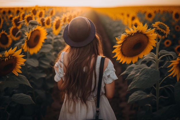 Een vrouw loopt door een veld met zonnebloemen.