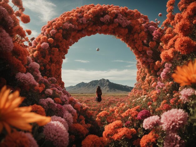 een vrouw loopt door een veld van bloemen met bergen op de achtergrond