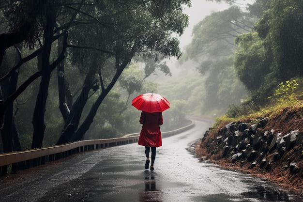 Een vrouw loopt door een weg in de regen.