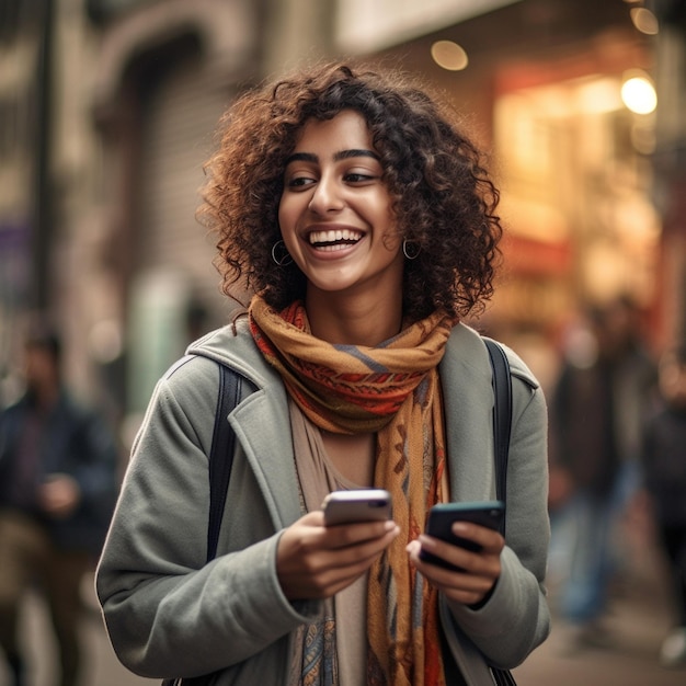 Een vrouw loopt en kijkt naar haar telefoon.