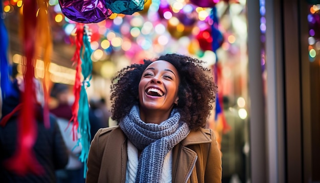 Een vrouw loopt in de winter door een drukke winkelstraat