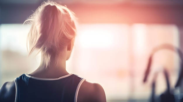 Een vrouw loopt in een sportschool, met achterop het woord gym.