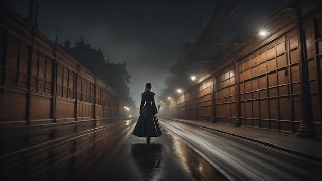 Een vrouw loopt in het donker door een straat.