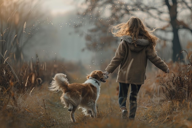 Een vrouw loopt met een hond in een veld.