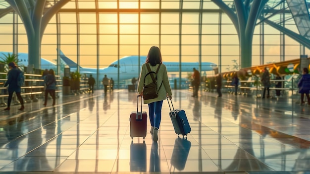 Een vrouw loopt met een koffer op een luchthaven.