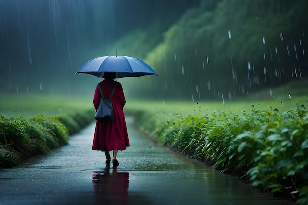 een vrouw loopt met een paraplu over een doorweekte weg.