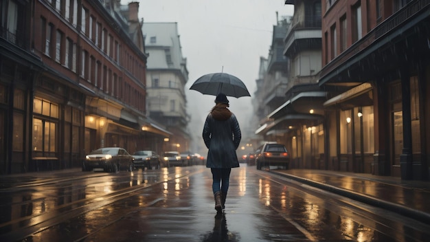 Een vrouw loopt met een paraplu over straat