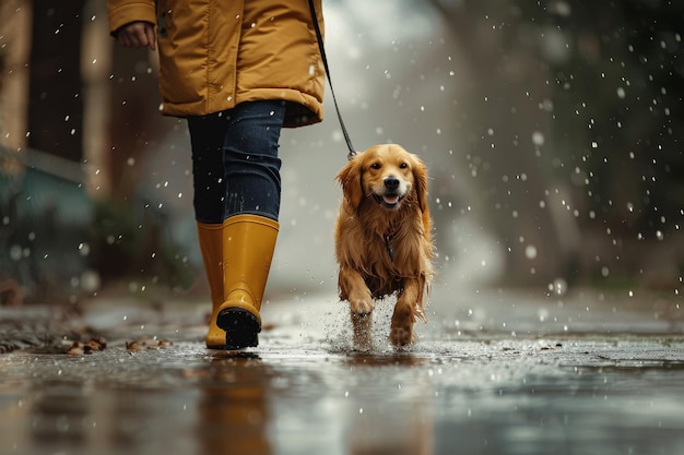 Een vrouw loopt met haar hond in de regen.