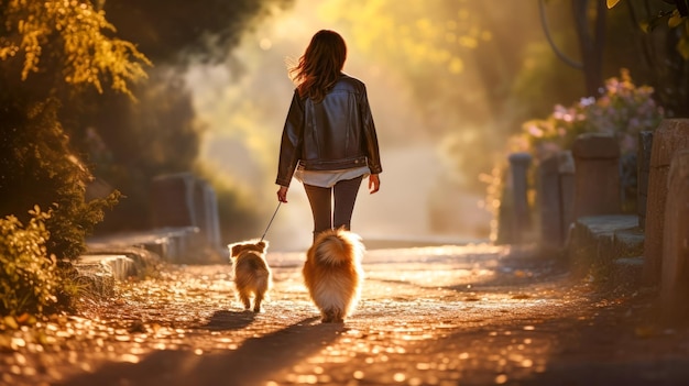 Een vrouw loopt met twee pluizige honden in het park tussen gevallen bladeren en gouden bomen op een zonnige herfstdag.