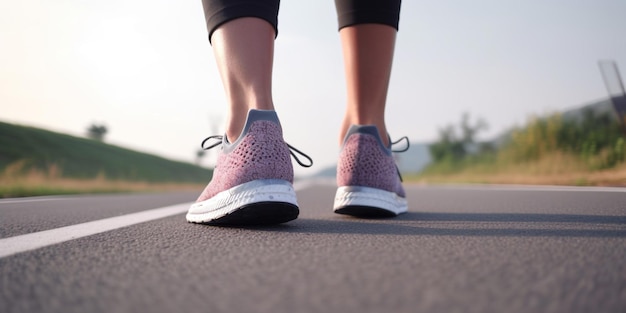 Een vrouw loopt op een weg met haar schoenen aan.