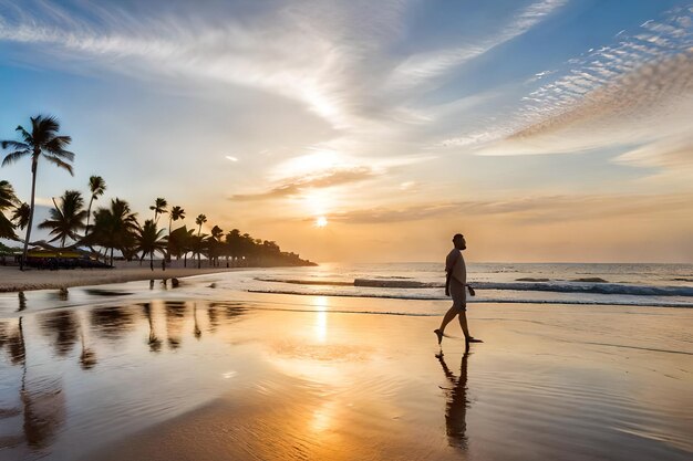 Een vrouw loopt op het strand voor een zonsondergang.
