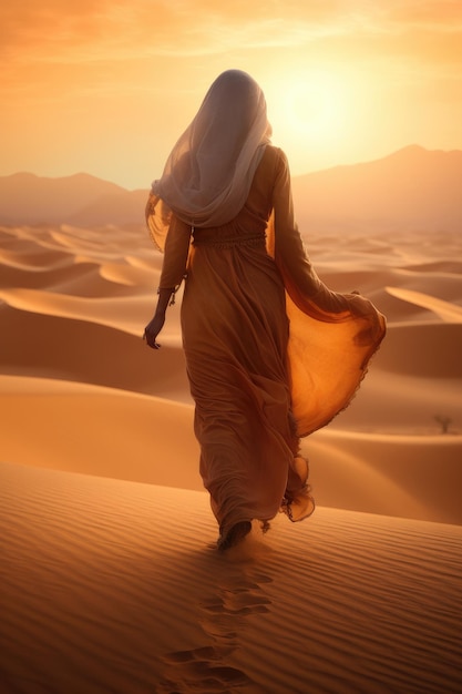 Een vrouw loopt op het zand in de woestijn bij zonsondergang Generatieve ai