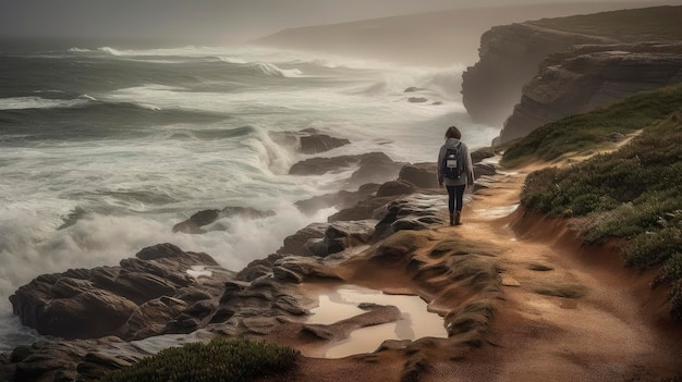 Een vrouw loopt over een rotsachtig pad met de oceaan op de achtergrond.