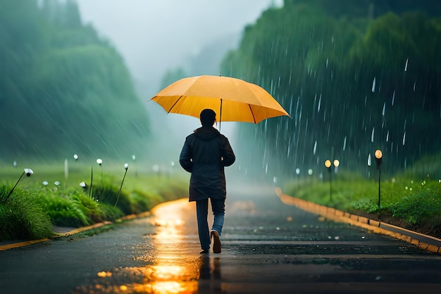 Een vrouw loopt over een weg met een paraplu in de regen.